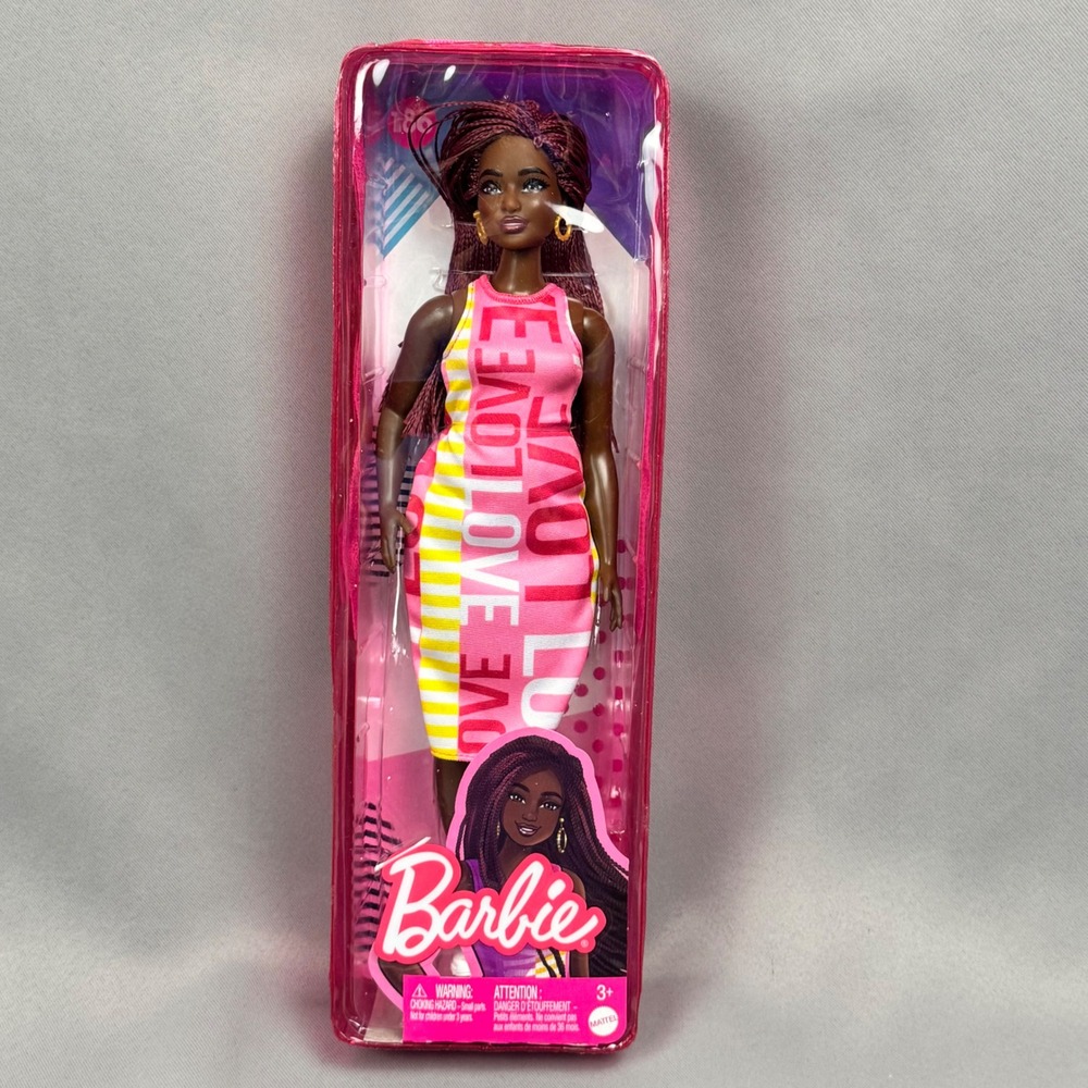 Barbie Fashionistas Doll 186 Tall Dark Skin Burgundy Braids Love Dress HBV18 NEW